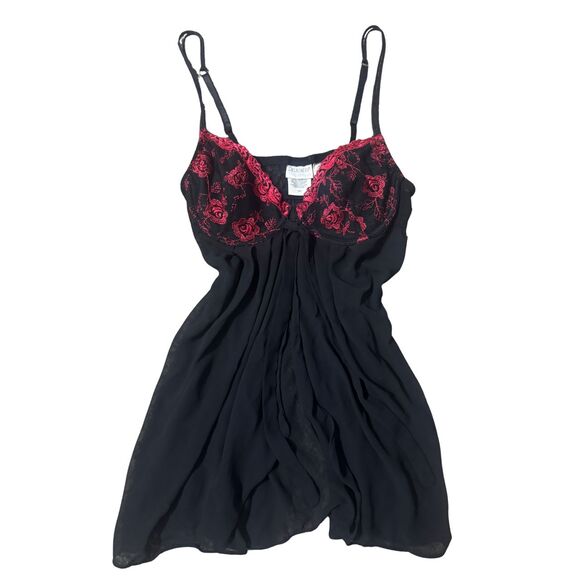 Y2K Vintage M Black & Red Floral Lace Whimsygoth Coquette Babydoll Lingerie Top - Picture 1 of 6